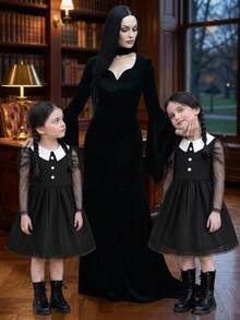 SHEIN Kids Young Girl Holiday Gift Cute Fun Elegant Casual Daily Mesh Gigot Sleeve Dress - Multicolor - View 2