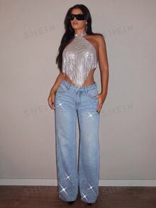 SHEIN Tall Jeans de pierna ancha con cintura alta y pedrería - Lavado ligero - Ver 5