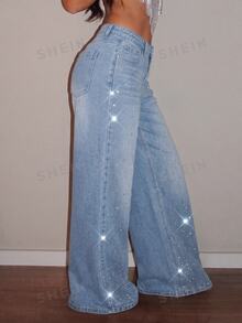 SHEIN Tall Jeans de pierna ancha con cintura alta y pedrería - Lavado ligero - Ver 3