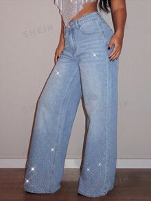 SHEIN Tall Jeans de pierna ancha con cintura alta y pedrería - Lavado ligero - Ver 8