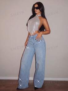 SHEIN Tall Jeans de pierna ancha con cintura alta y pedrería - Lavado ligero - Ver 7