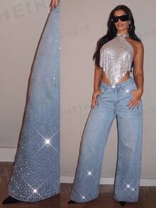SHEIN Tall Jeans de pierna ancha con cintura alta y pedrería - Lavado ligero - Ver 1
