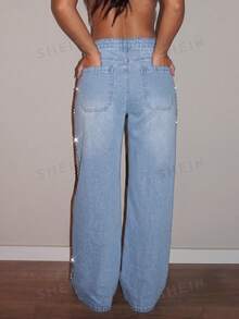 SHEIN Tall Jeans de pierna ancha con cintura alta y pedrería - Lavado ligero - Ver 2