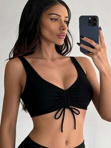 Oceva Summer Beach Drawstring Front Bikini Top - Black - View 3