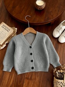SHEIN Baby Girl New Fashion Versatile Textured Button Long Sleeve Cardigan Autumn Fall Family Matching Dusty Blue Modest Graphic - Grey - View 5