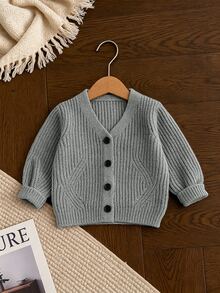 SHEIN Baby Girl New Fashion Versatile Textured Button Long Sleeve Cardigan Autumn Fall Family Matching Dusty Blue Modest Graphic - Grey - View 3