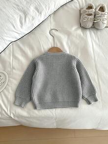 SHEIN Baby Girl New Fashion Versatile Textured Button Long Sleeve Cardigan Autumn Fall Family Matching Dusty Blue Modest Graphic - Grey - View 4