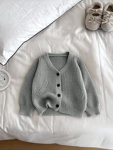 SHEIN Baby Girl New Fashion Versatile Textured Button Long Sleeve Cardigan Autumn Fall Family Matching Dusty Blue Modest Graphic - Grey - View 7