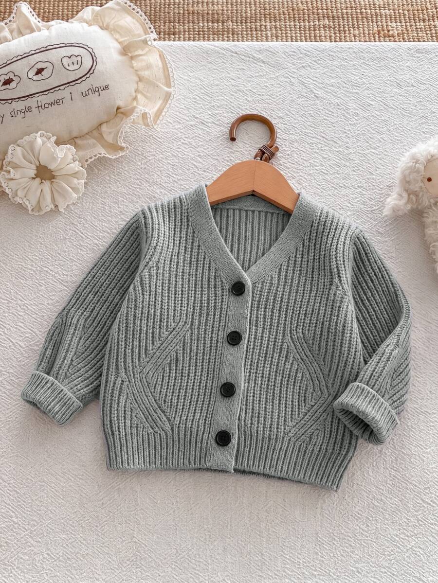 SHEIN Baby Girl New Fashion Versatile Textured Button Long Sleeve Cardigan Autumn Fall Family Matching Dusty Blue Modest Graphic