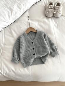 SHEIN Baby Girl New Fashion Versatile Textured Button Long Sleeve Cardigan Autumn Fall Family Matching Dusty Blue Modest Graphic - Grey - View 6