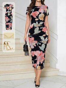 Amorya Women's Elegant Romantic Commuter Floral Print Midi Dress Wedding Garden Party Brunch Dinner Black Floral Summer - Black - View 7