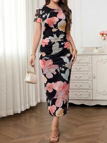 Amorya Women's Elegant Romantic Commuter Floral Print Midi Dress Wedding Garden Party Brunch Dinner Black Floral Summer - Black - View 4