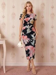 Amorya Women's Elegant Romantic Commuter Floral Print Midi Dress Wedding Garden Party Brunch Dinner Black Floral Summer - Black - View 1