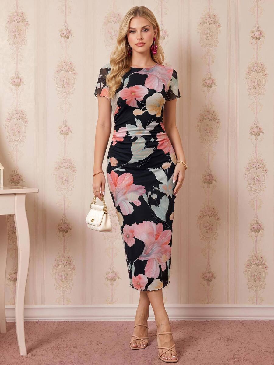 Amorya Women's Elegant Romantic Commuter Floral Print Midi Dress Wedding Garden Party Brunch Dinner Black Floral Summer - Black - View 1
