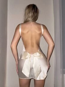 Sweetina Spring And Summer Sleeveless Satin Backless Bow Decor Bow Party Sexy Wrap Glitter Beige Mini Dress,White Graduation Dress - Apricot - View 4