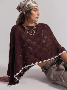 Bohemela Women's Boat Neck Hollow Out Cape Sleeve Sweater - Apricot - View 1