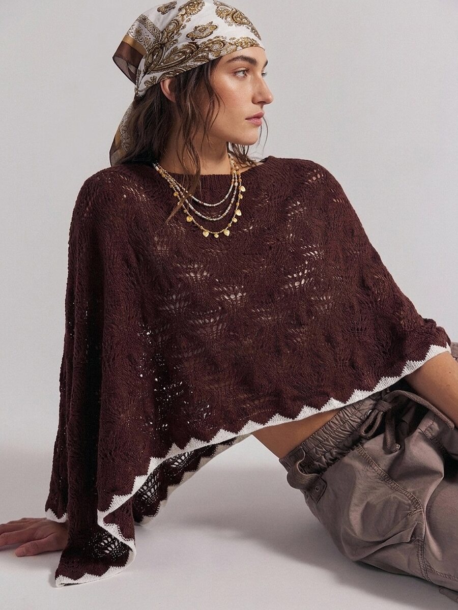 Bohemela Women's Boat Neck Hollow Out Cape Sleeve Sweater - Apricot - View 1