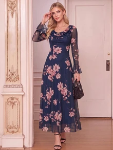 Amorya 女款花卉印花垂領喇叭袖優雅浪漫休閒洋裝，海軍藍花卉秋季婚禮花園約會派對洋裝 - 彩色 - 查看 2