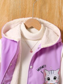 SHEIN Tween Girl Color-Blocked Hooded Fleece Jacket With Printed Pattern, Suitable For Autumn And Winter Commuting, Outdoor Activities, And Casual Wear - Purple - View 5