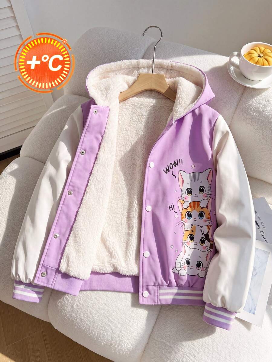 SHEIN Tween Girl Color-Blocked Hooded Fleece Jacket With Printed Pattern, Suitable For Autumn And Winter Commuting, Outdoor Activities, And Casual Wear