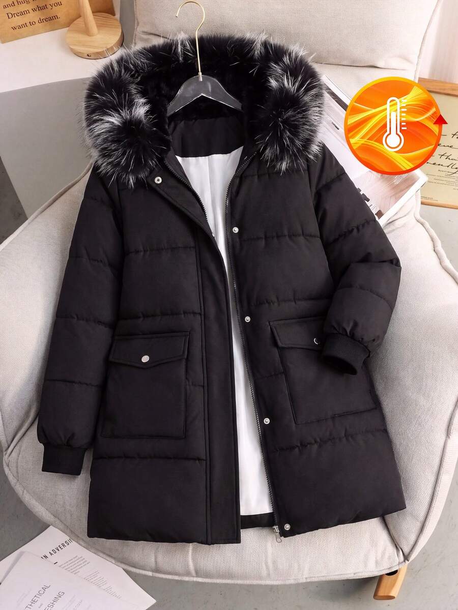 SHEIN Tween Girl Long Hooded Jacket With Detachable Quilted Fur Collar Suitable For Autumn And Winter Outdoor Street Wear Modest Baggy School Club Black - Black - View 1