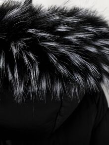 SHEIN 青少年女孩長版連帽外套，可拆卸絎縫毛領，適合秋冬戶外街頭穿著，保守寬鬆校園社團風，黑色 - 黑色 - 查看 8