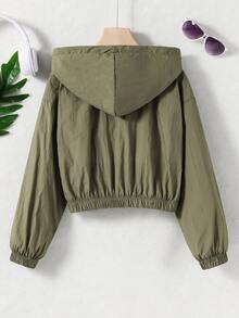 SHEIN Ropa de otoño para niñas preadolescentes, chaqueta con capucha de manga larga, bolsillo con solapa, hombros caídos, sin cremallera, camiseta, otoño, casual, unicolor, regreso a la escuela - Verde militar - Ver 3