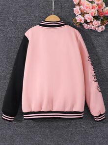 SHEIN Teen Girls Fall Clothes Black Long Sleeve Bear Patched Zip Up & Slogan Graphic Two Tone Varsity Jacket Without Tee, Fall, Casual, Back To School - Pink - View 9