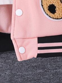 SHEIN Teen Girls Fall Clothes Black Long Sleeve Bear Patched Zip Up & Slogan Graphic Two Tone Varsity Jacket Without Tee, Fall, Casual, Back To School - Pink - View 5