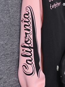 SHEIN Teen Girls Fall Clothes Black Long Sleeve Bear Patched Zip Up & Slogan Graphic Two Tone Varsity Jacket Without Tee, Fall, Casual, Back To School - Pink - View 6