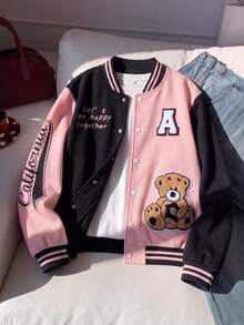 SHEIN Teen Girls Fall Clothes Black Long Sleeve Bear Patched Zip Up & Slogan Graphic Two Tone Varsity Jacket Without Tee, Fall, Casual, Back To School - Pink - View 2