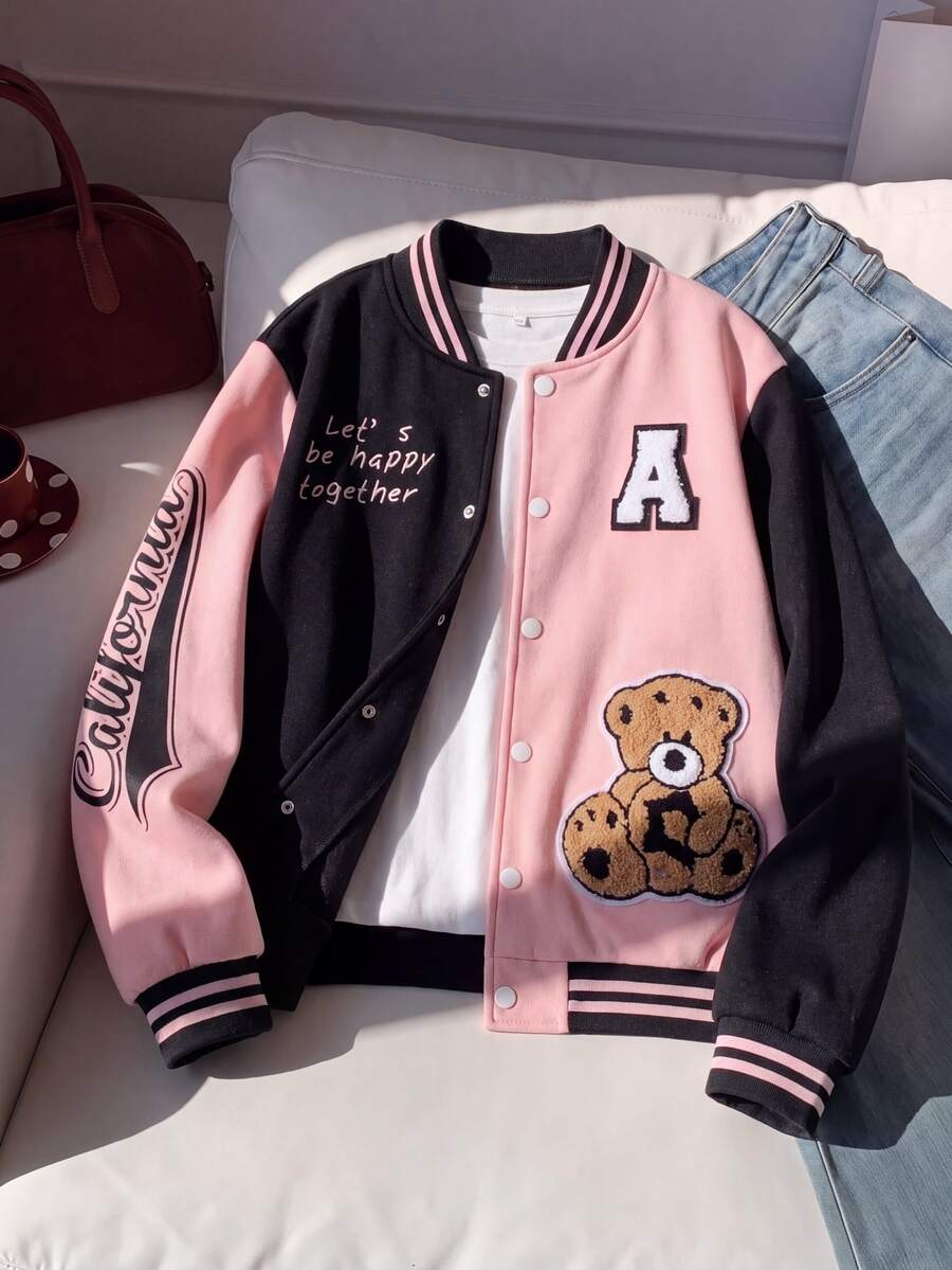 SHEIN Teen Girls Fall Clothes Black Long Sleeve Bear Patched Zip Up & Slogan Graphic Two Tone Varsity Jacket Without Tee, Fall, Casual, Back To School