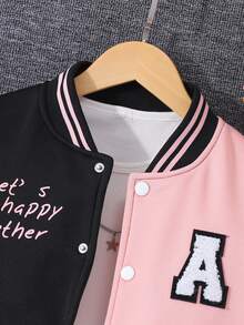 SHEIN Teen Girls Fall Clothes Black Long Sleeve Bear Patched Zip Up & Slogan Graphic Two Tone Varsity Jacket Without Tee, Fall, Casual, Back To School - Pink - View 8