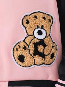 SHEIN Teen Girls Fall Clothes Black Long Sleeve Bear Patched Zip Up & Slogan Graphic Two Tone Varsity Jacket Without Tee, Fall, Casual, Back To School - Pink - View 7