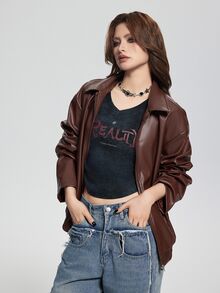 SHEIN Women's Punk Style Lapel Zipper Leather Jacket, Coat, Long Sleeve, Fleece, Fall Clothes, Autumn/Winter Fall - Chocolate Brown - View 9