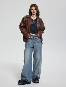 SHEIN Women's Punk Style Lapel Zipper Leather Jacket, Coat, Long Sleeve, Fleece, Fall Clothes, Autumn/Winter Fall - Chocolate Brown - View 7