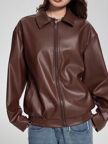 SHEIN Women's Punk Style Lapel Zipper Leather Jacket, Coat, Long Sleeve, Fleece, Fall Clothes, Autumn/Winter Fall - Chocolate Brown - View 5