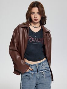 SHEIN Women's Punk Style Lapel Zipper Leather Jacket, Coat, Long Sleeve, Fleece, Fall Clothes, Autumn/Winter Fall - Chocolate Brown - View 6