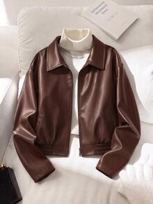 SHEIN Women's Punk Style Lapel Zipper Leather Jacket, Coat, Long Sleeve, Fleece, Fall Clothes, Autumn/Winter Fall - Chocolate Brown - View 4