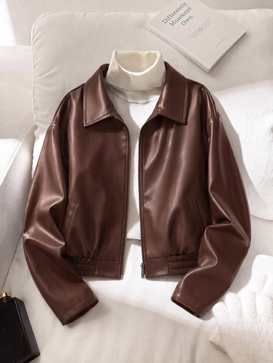 SHEIN Women's Punk Style Lapel Zipper Leather Jacket, Coat, Long Sleeve, Fleece, Fall Clothes, Autumn/Winter Fall