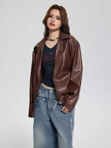 SHEIN Women's Punk Style Lapel Zipper Leather Jacket, Coat, Long Sleeve, Fleece, Fall Clothes, Autumn/Winter Fall - Chocolate Brown - View 8