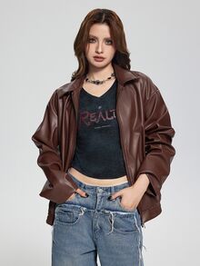 SHEIN Women's Punk Style Lapel Zipper Leather Jacket, Coat, Long Sleeve, Fleece, Fall Clothes, Autumn/Winter Fall - Chocolate Brown - View 2