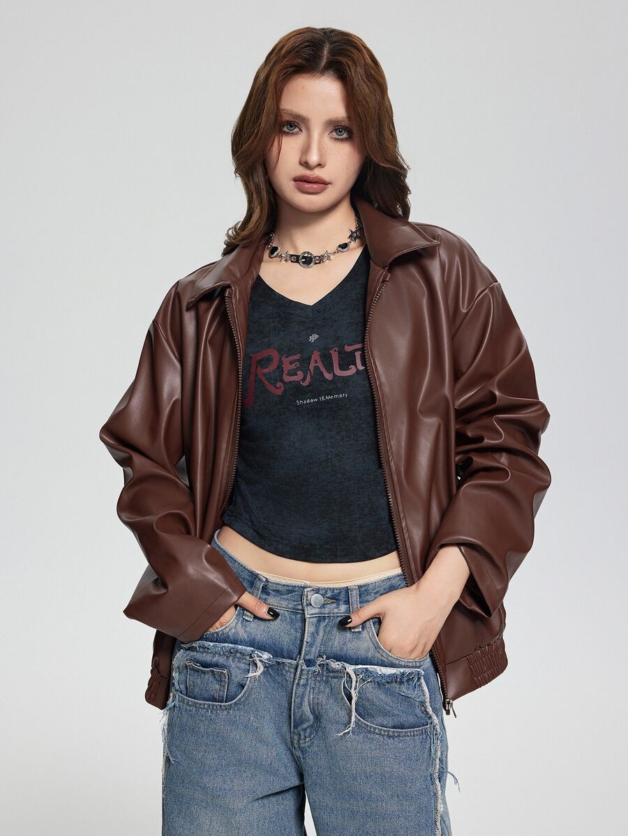SHEIN Women's Punk Style Lapel Zipper Leather Jacket, Coat, Long Sleeve, Fleece, Fall Clothes, Autumn/Winter Fall