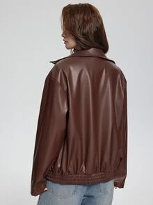 SHEIN Women's Punk Style Lapel Zipper Leather Jacket, Coat, Long Sleeve, Fleece, Fall Clothes, Autumn/Winter Fall - Chocolate Brown - View 3