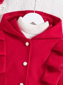 SHEIN 1pc Girls' Red Winter Cute Birthday Wool Coat, Fleece, Fall Clothes, Fall,New Year Valentine's Day Ruffled Button-Up Hooded Long-Sleeve Mid-Length... - Red - View 8