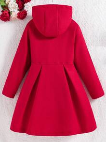 SHEIN 1pc Girls' Red Winter Cute Birthday Wool Coat, Fleece, Fall Clothes, Fall,New Year Valentine's Day Ruffled Button-Up Hooded Long-Sleeve Mid-Length... - Red - View 3