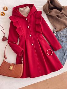 SHEIN 1pc Girls' Red Winter Cute Birthday Wool Coat, Fleece, Fall Clothes, Fall,New Year Valentine's Day Ruffled Button-Up Hooded Long-Sleeve Mid-Length... - Red - View 2