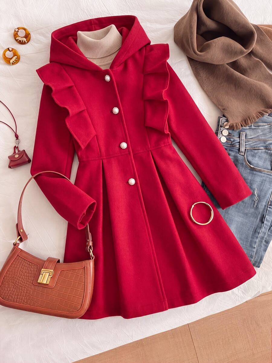 SHEIN 1pc Girls' Red Winter Cute Birthday Wool Coat, Fleece, Fall Clothes, Fall,New Year Valentine's Day Ruffled Button-Up Hooded Long-Sleeve Mid-Length...