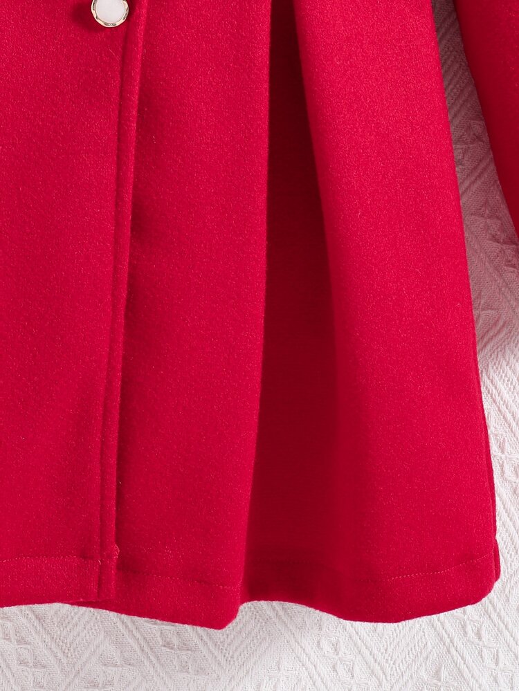 SHEIN 1pc Girls' Red Winter Cute Birthday Wool Coat, Fleece, Fall Clothes, Fall,New Year Valentine's Day Ruffled Button-Up Hooded Long-Sleeve Mid-Length... - Red - View 5