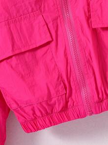 SHEIN Tween Girls Red Long Sleeve Flap Pocket Drop Shoulder Hooded Zip Up Jacket, Fall, Casual, Solid, Back To School, For Girls, Outfit - Hot Pink - View 7